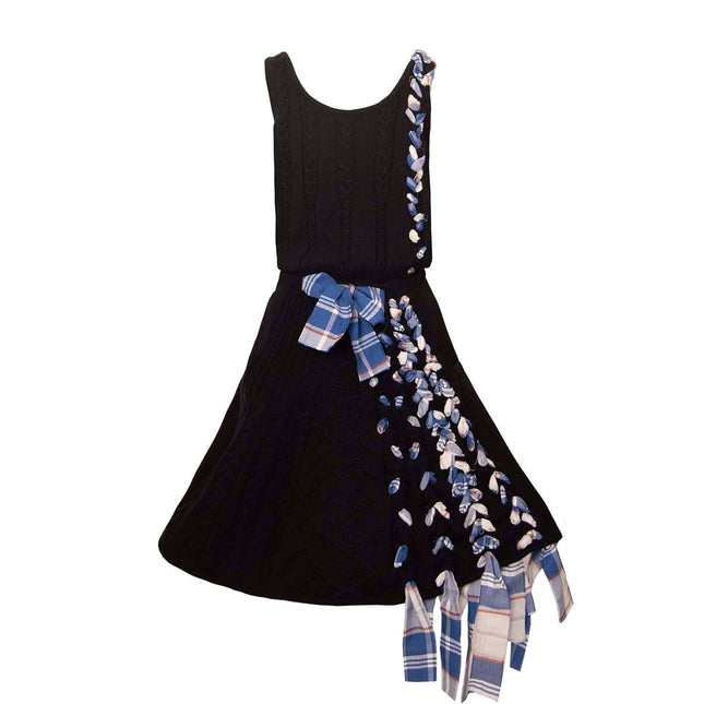 Girls Black Cable Knit Dress with Blue Tartan Details - €75.95 - eco-winkel.nl